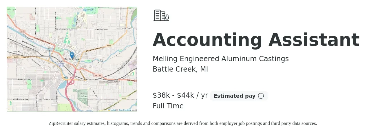 Melling Engineered Aluminum Castings job posting for a Accounting Assistant in Battle Creek, MI with a salary of $38,000 to $44,000 Yearly with a map of Battle Creek location.