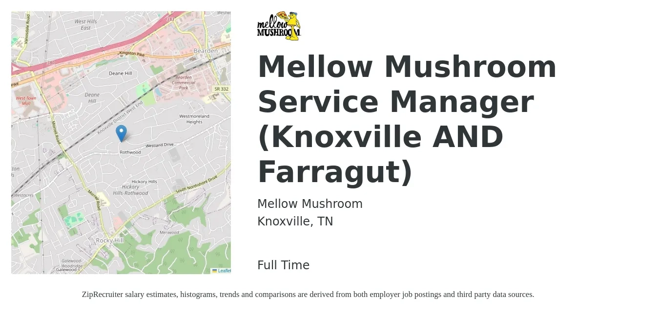 Mellow Mushroom job posting for a Mellow Mushroom Service Manager (Knoxville AND Farragut) in Knoxville, TN with a salary of $37,700 to $61,600 Yearly with a map of Knoxville location.