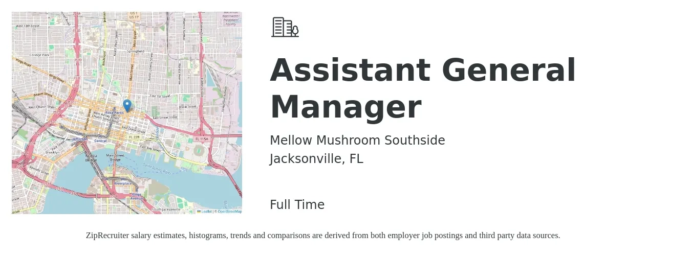 Mellow Mushroom Southside job posting for a Assistant General Manager in Jacksonville, FL with a salary of $15 to $23 Hourly with a map of Jacksonville location.
