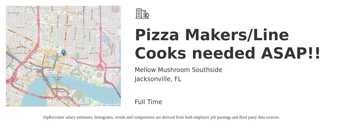 Mellow Mushroom Southside job posting for a Pizza Makers/Line Cooks needed ASAP!! in Jacksonville, FL with a salary of $14 to $18 Hourly with a map of Jacksonville location.