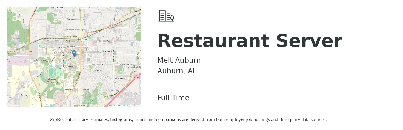 Melt Auburn job posting for a Restaurant Server in Auburn, AL with a salary of $8 to $14 Hourly with a map of Auburn location.