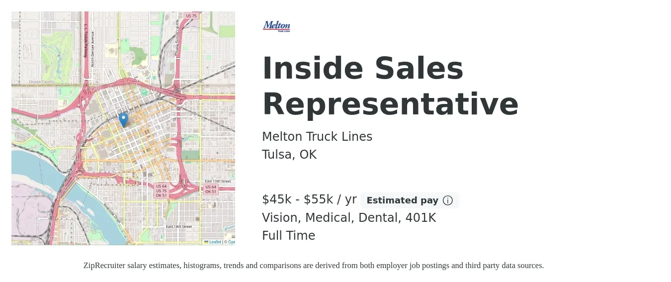 Melton Truck Lines job posting for a Inside Sales Representative in Tulsa, OK with a salary of $45,000 to $55,000 Yearly and benefits including 401k, dental, life_insurance, medical, and vision with a map of Tulsa location.
