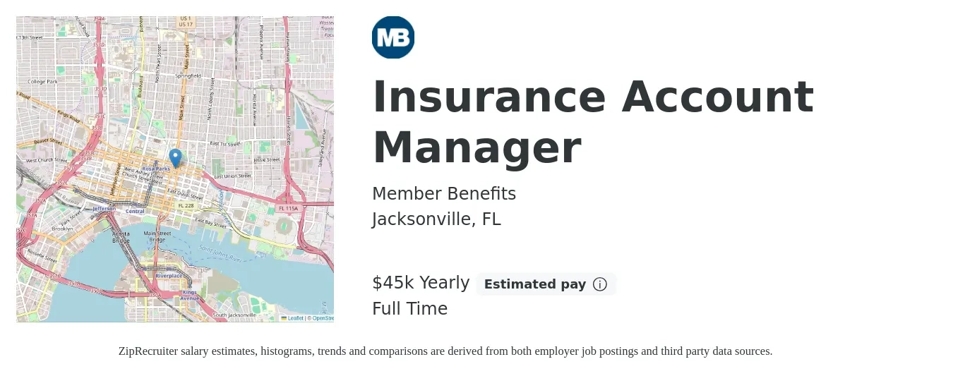 Member Benefits job posting for a Insurance Account Manager in Jacksonville, FL with a salary of $45,000 Yearly with a map of Jacksonville location.