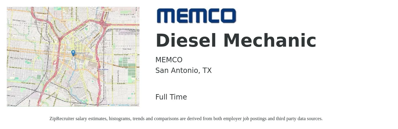 MEMCO job posting for a Diesel Mechanic in San Antonio, TX with a salary of $22 to $28 Hourly with a map of San Antonio location.