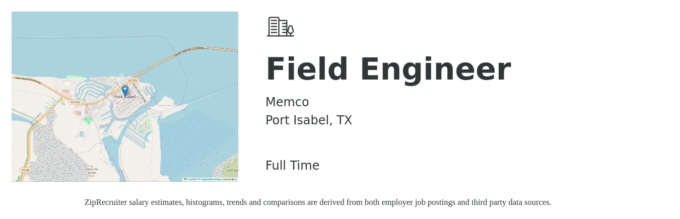 Memco job posting for a Field Engineer in Port Isabel, TX with a salary of $19 to $32 Hourly with a map of Port Isabel location.