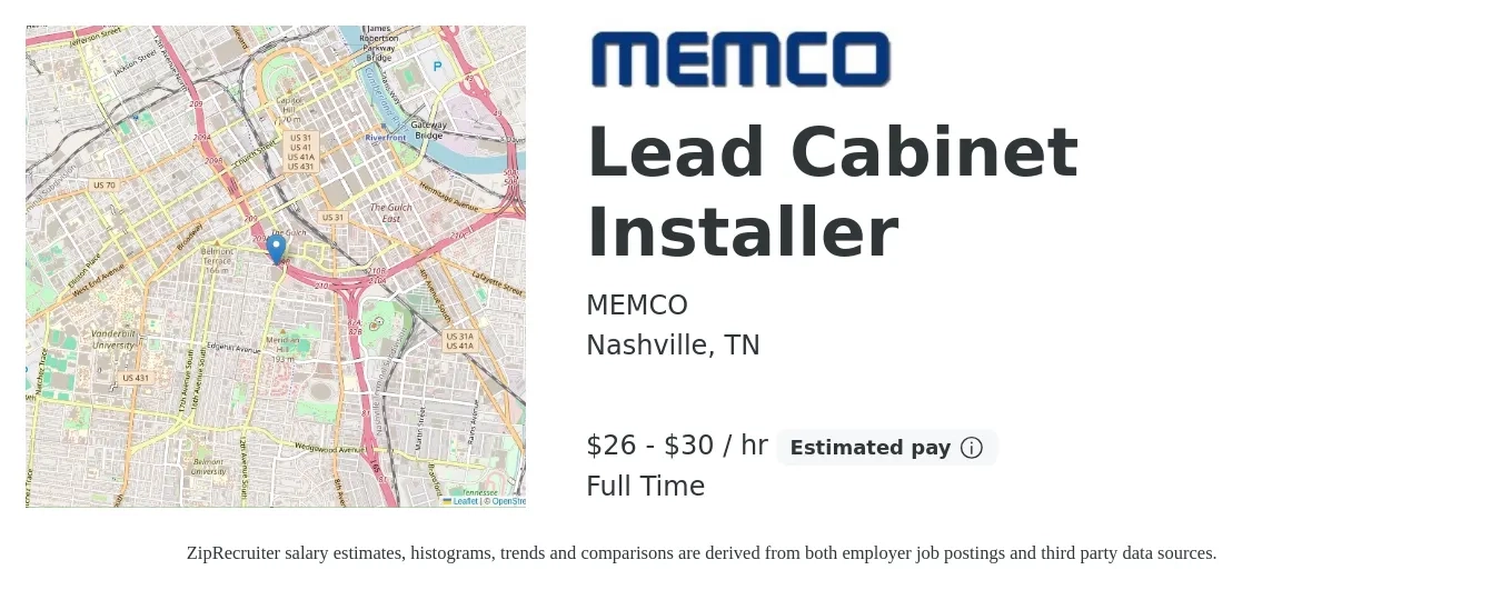 MEMCO job posting for a Lead Cabinet Installer in Nashville, TN with a salary of $28 to $32 Hourly with a map of Nashville location.