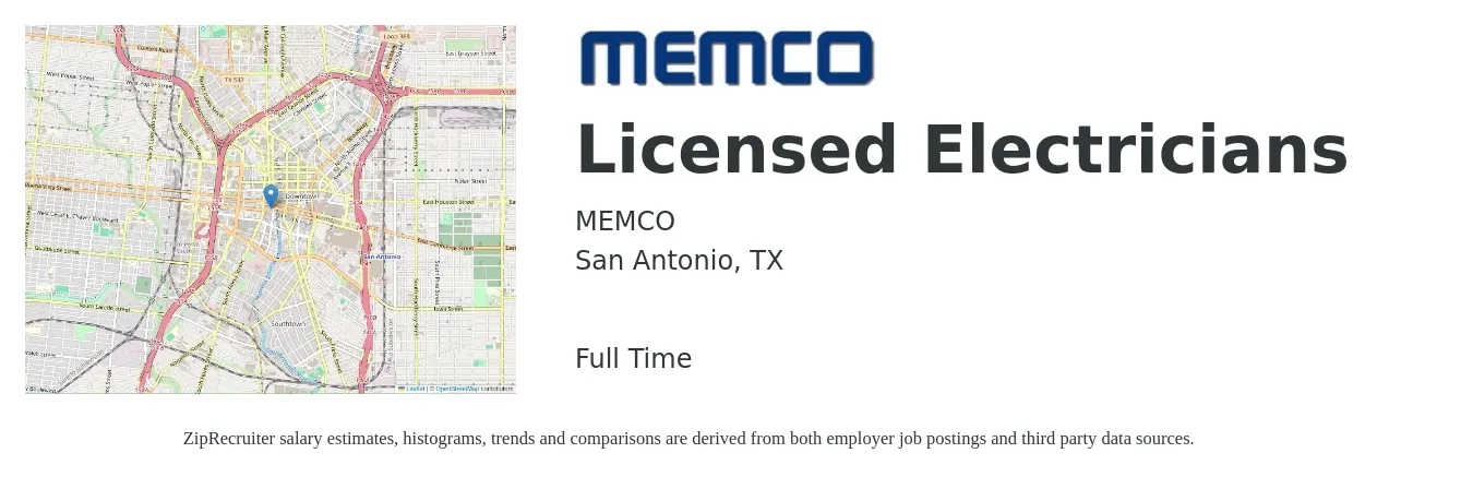 MEMCO job posting for a Licensed Electricians in San Antonio, TX with a salary of $26 to $37 Hourly with a map of San Antonio location.