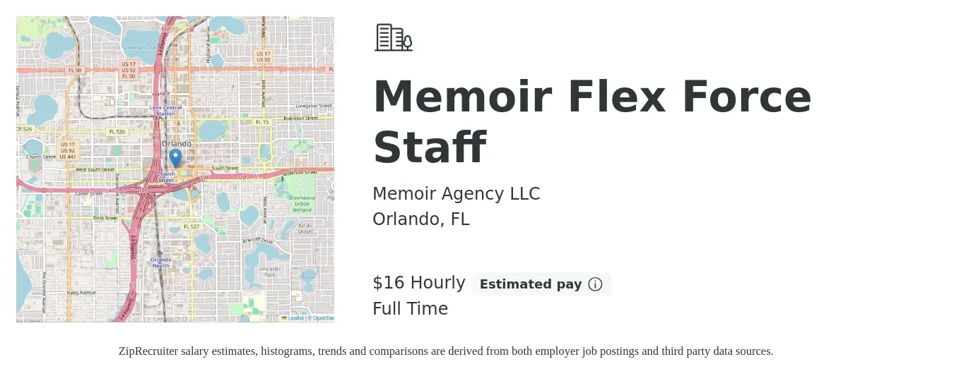 Memoir Agency LLC job posting for a Memoir Flex Force Staff in Orlando, FL with a salary of $17 Hourly with a map of Orlando location.