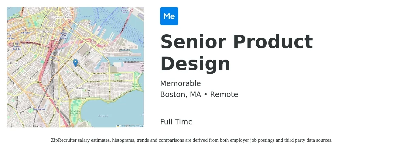 Memorable job posting for a Senior Product Design in Boston, MA with a salary of $138,000 to $218,900 Yearly with a map of Boston location.