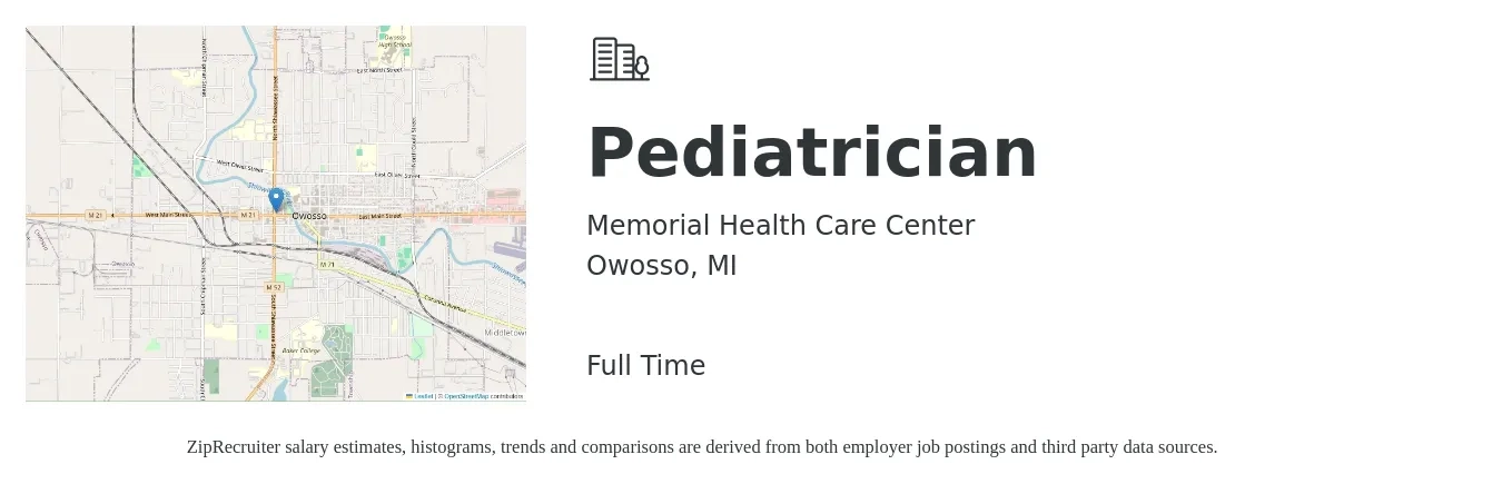 Memorial Health Care Center job posting for a Pediatrician in Owosso, MI with a salary of $152,800 to $197,700 Yearly with a map of Owosso location.