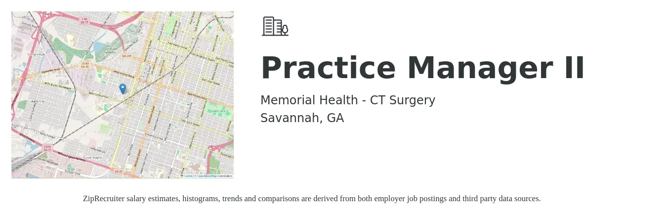 Memorial Health - CT Surgery job posting for a Practice Manager II in Savannah, GA with a salary of $53,100 to $73,600 Yearly with a map of Savannah location.