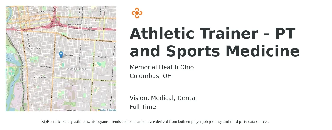 Memorial Health Ohio job posting for a Athletic Trainer - PT and Sports Medicine in Columbus, OH with a salary of $24 to $31 Daily and benefits including dental, life_insurance, medical, and vision with a map of Columbus location.