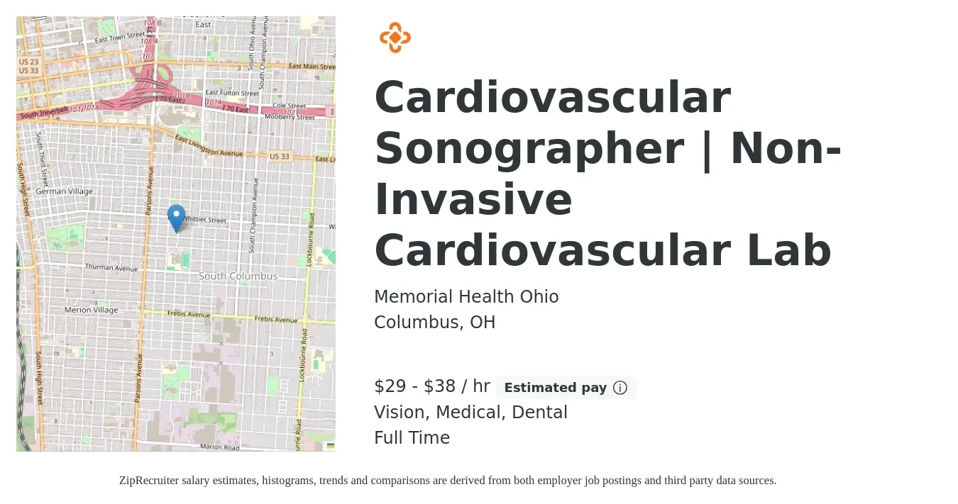 Memorial Health Ohio job posting for a Cardiovascular Sonographer | Non-Invasive Cardiovascular Lab in Columbus, OH with a salary of $31 to $40 Hourly and benefits including pto, retirement, vision, dental, life_insurance, and medical with a map of Columbus location.