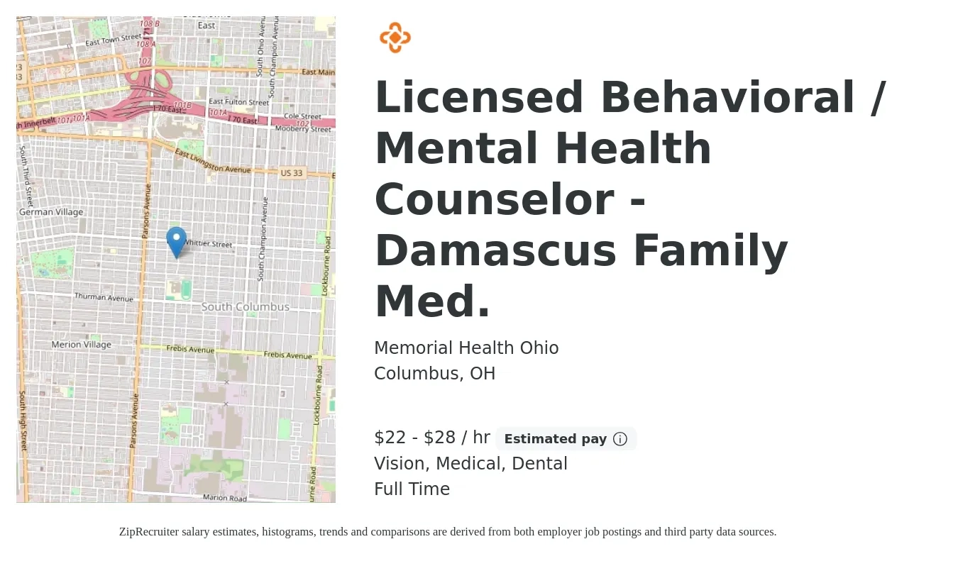 Memorial Health Ohio job posting for a Licensed Behavioral / Mental Health Counselor - Damascus Family Med. in Columbus, OH with a salary of $24 to $29 Hourly and benefits including retirement, vision, dental, life_insurance, and medical with a map of Columbus location.
