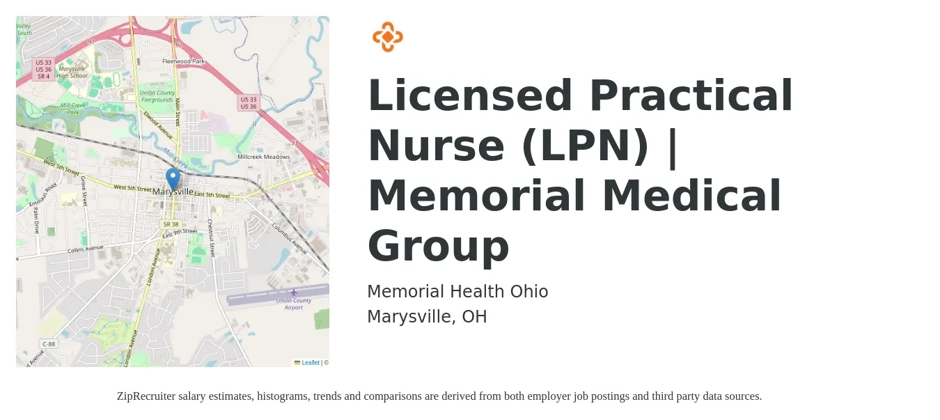 Memorial Health Ohio job posting for a Licensed Practical Nurse (LPN) | Memorial Medical Group in Marysville, OH with a salary of $24 to $29 Hourly and benefits including vision, dental, life_insurance, medical, and retirement with a map of Marysville location.
