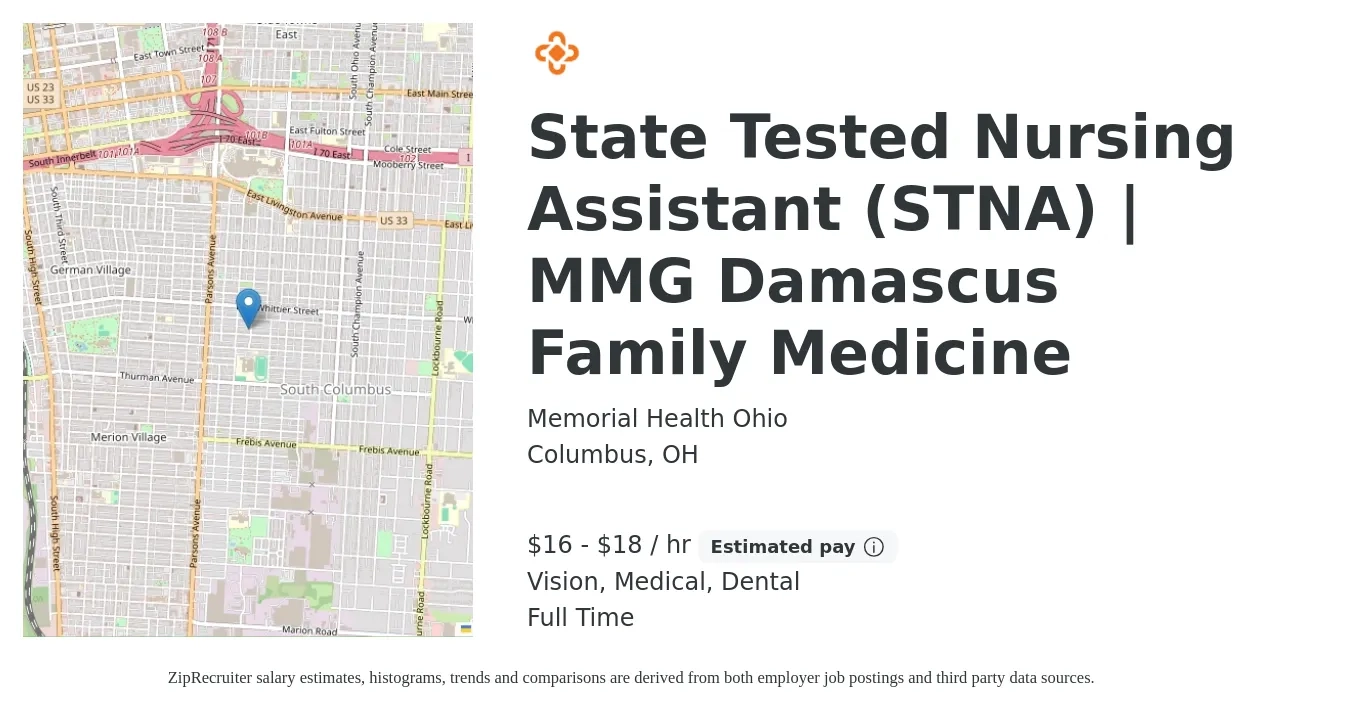 Memorial Health Ohio job posting for a State Tested Nursing Assistant (STNA) | MMG Damascus Family Medicine in Columbus, OH with a salary of $17 to $20 Hourly and benefits including vision, dental, life_insurance, medical, pto, and retirement with a map of Columbus location.