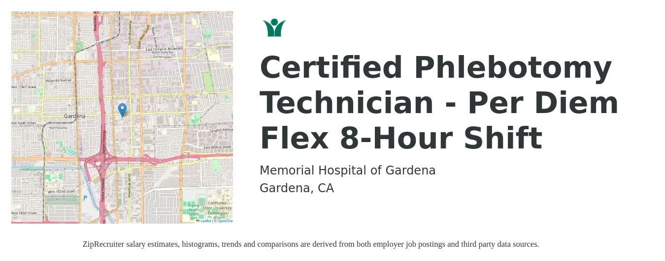 Memorial Hospital of Gardena job posting for a Certified Phlebotomy Technician - Per Diem Flex 8-Hour Shift in Gardena, CA with a salary of $20 to $29 Hourly with a map of Gardena location.