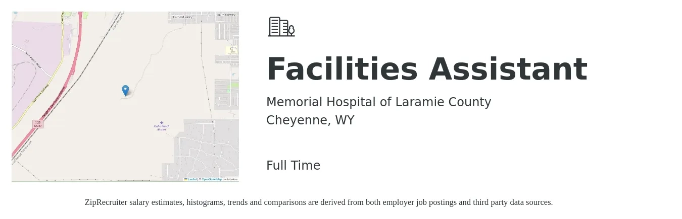 Memorial Hospital of Laramie County job posting for a Facilities Assistant in Cheyenne, WY with a salary of $34,900 to $43,300 Yearly with a map of Cheyenne location.