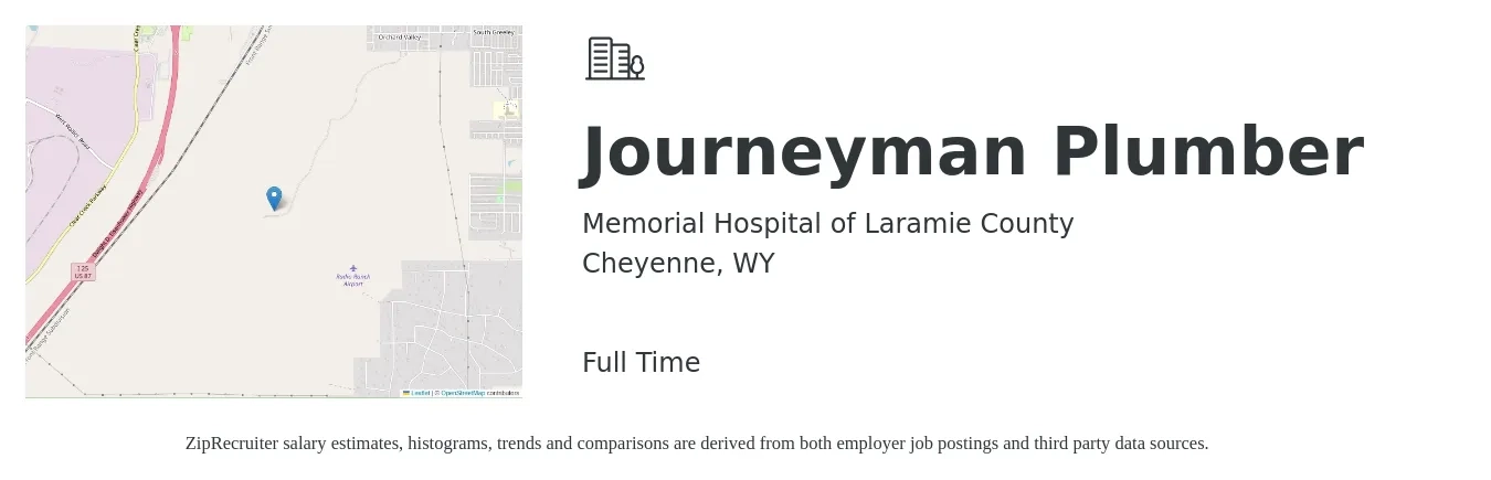 Memorial Hospital of Laramie County job posting for a Journeyman Plumber in Cheyenne, WY with a salary of $26 to $37 Hourly with a map of Cheyenne location.