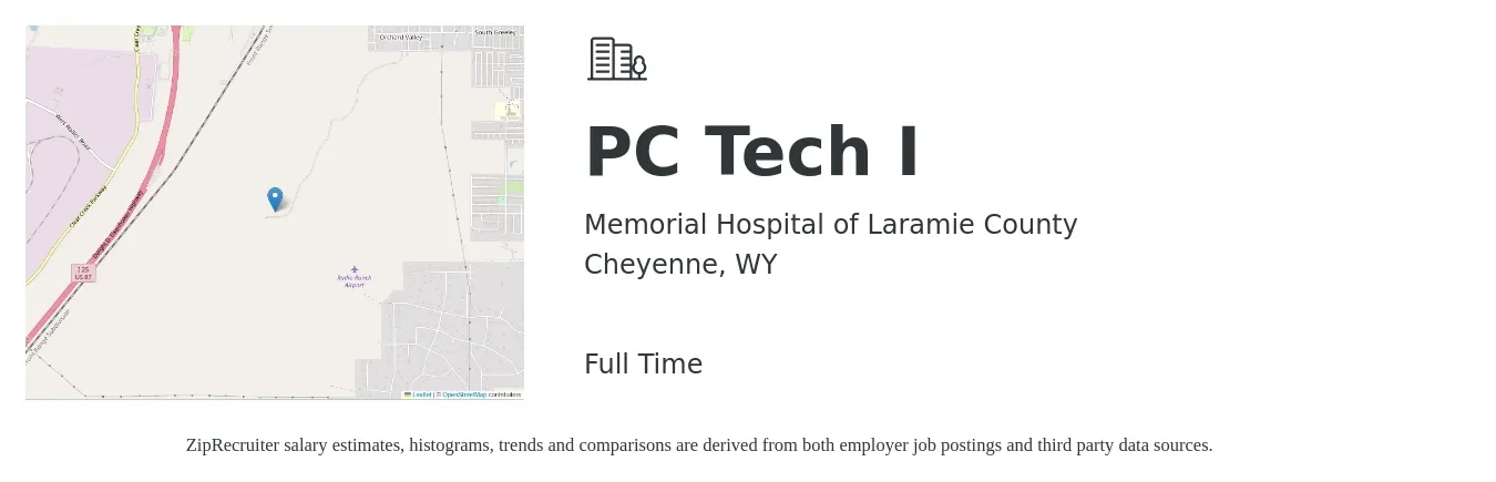 Memorial Hospital of Laramie County job posting for a PC Tech I in Cheyenne, WY with a salary of $17 to $22 Hourly with a map of Cheyenne location.