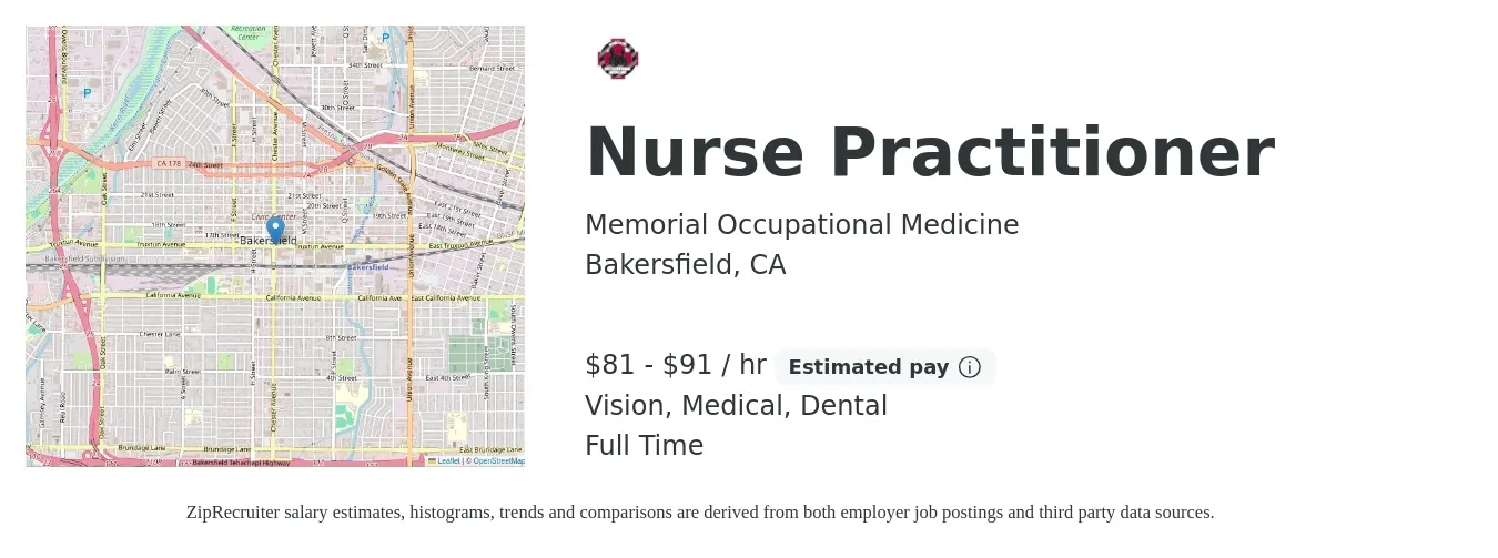 Memorial Occupational Medicine job posting for a Nurse Practitioner in Bakersfield, CA with a salary of $85 to $95 Hourly and benefits including dental, life_insurance, medical, pto, and vision with a map of Bakersfield location.