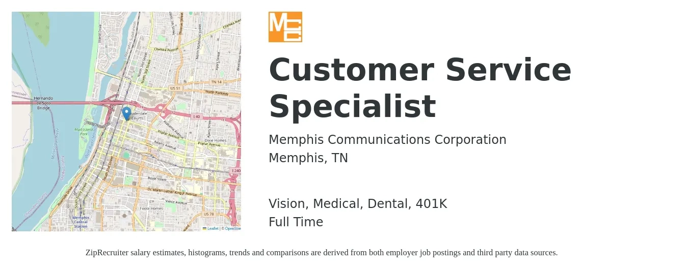 Memphis Communications Corporation job posting for a Customer Service Specialist in Memphis, TN with a salary of $16 to $22 Hourly and benefits including medical, vision, 401k, dental, and life_insurance with a map of Memphis location.