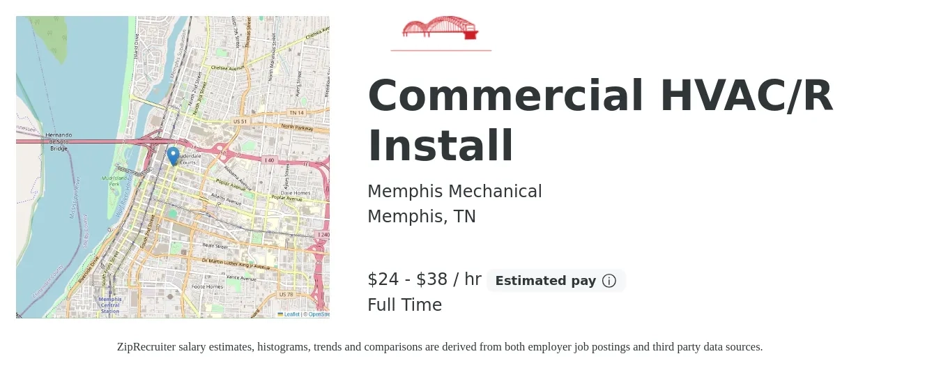 Memphis Mechanical job posting for a Commercial HVAC/R Install in Memphis, TN with a salary of $25 to $40 Hourly with a map of Memphis location.