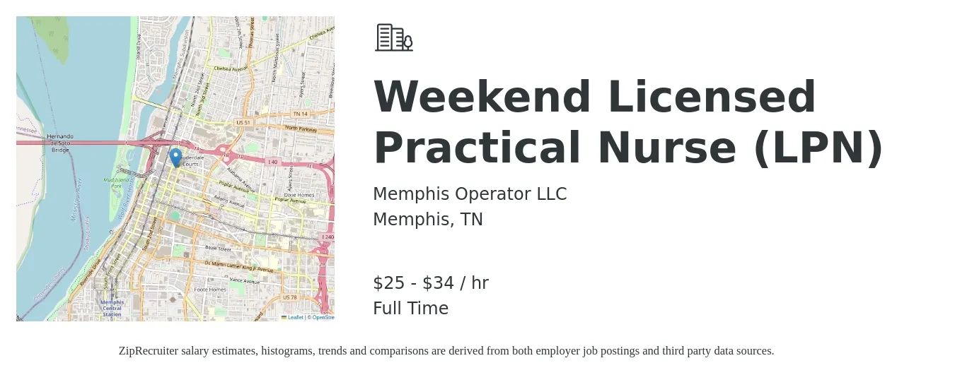 Memphis Operator LLC job posting for a Weekend Licensed Practical Nurse (LPN) in Memphis, TN with a salary of $27 to $35 Hourly with a map of Memphis location.