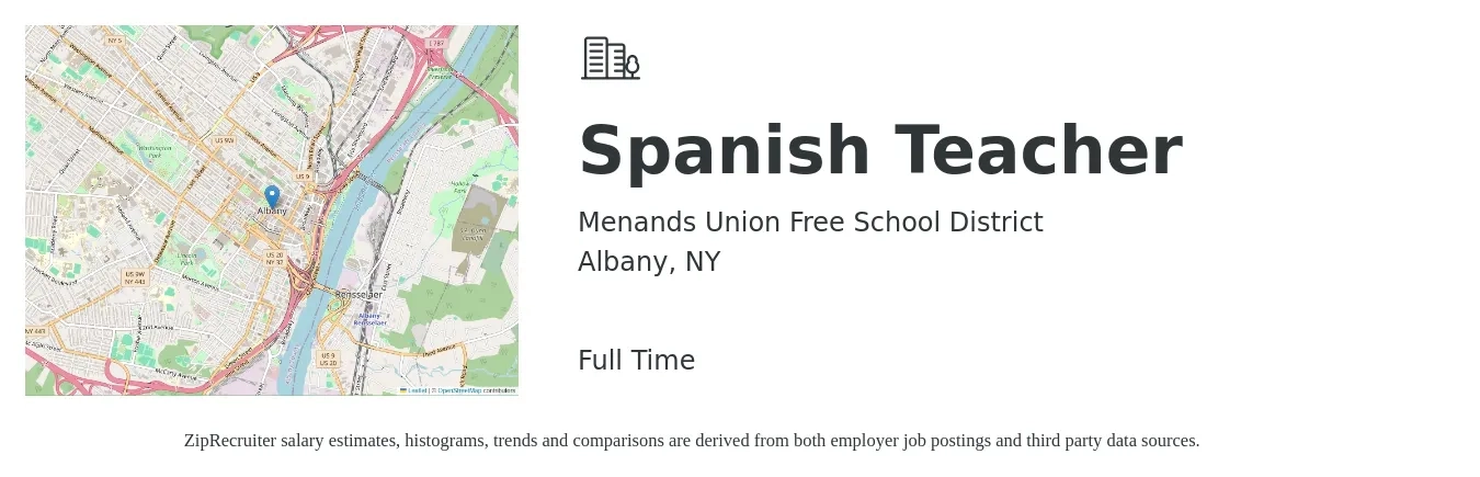 Menands Union Free School District job posting for a Spanish Teacher in Albany, NY with a salary of $44,700 to $63,000 Yearly with a map of Albany location.