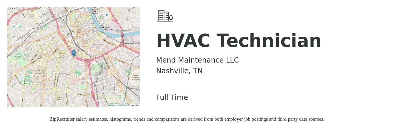 Mend Maintenance LLC job posting for a HVAC Technician in Nashville, TN with a salary of $35 to $50 Hourly with a map of Nashville location.