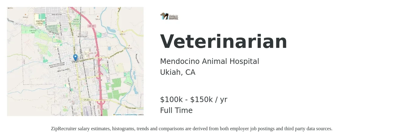 Mendocino Animal Hospital job posting for a Veterinarian in Ukiah, CA with a salary of $100,000 to $150,000 Yearly with a map of Ukiah location.