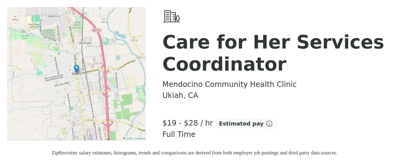Mendocino Community Health Clinic job posting for a Care for Her Services Coordinator in Ukiah, CA with a salary of $20 to $30 Hourly with a map of Ukiah location.