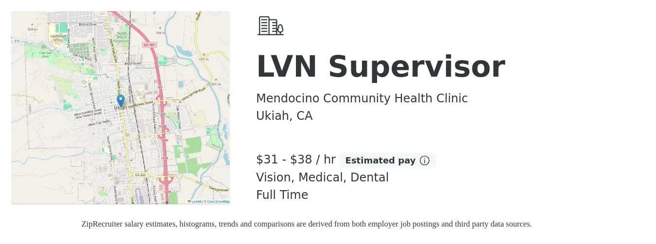 Mendocino Community Health Clinic job posting for a LVN Supervisor in Ukiah, CA with a salary of $33 to $40 Hourly and benefits including dental, life_insurance, medical, pto, retirement, and vision with a map of Ukiah location.