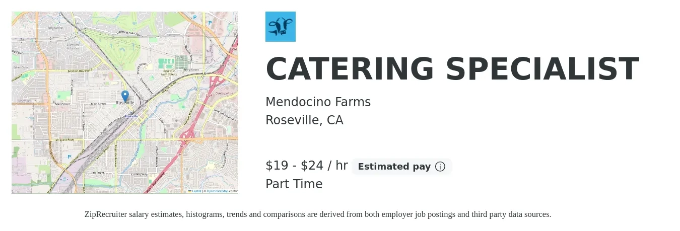 Mendocino Farms job posting for a CATERING SPECIALIST in Roseville, CA with a salary of $20 to $25 Hourly with a map of Roseville location.