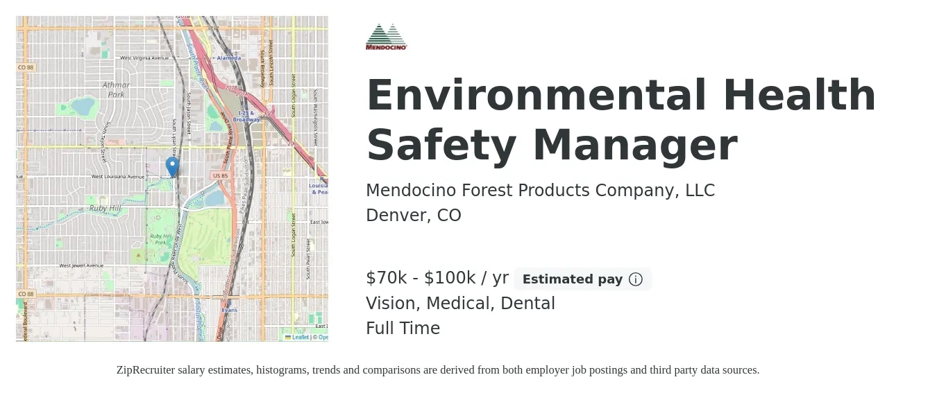Mendocino Forest Products Company, LLC job posting for a Environmental Health Safety Manager in Denver, CO with a salary of $70,000 to $100,000 Yearly and benefits including medical, retirement, vision, dental, and life_insurance with a map of Denver location.
