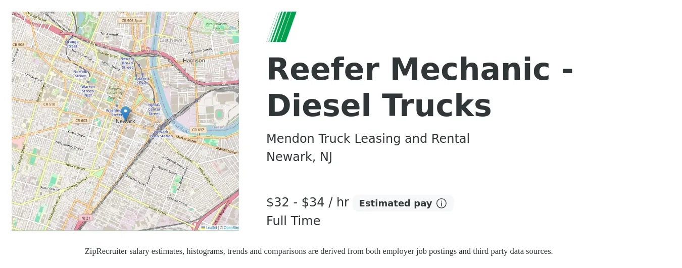 Mendon Truck Leasing and Rental job posting for a Reefer Mechanic - Diesel Trucks in Newark, NJ with a salary of $34 to $36 Hourly with a map of Newark location.