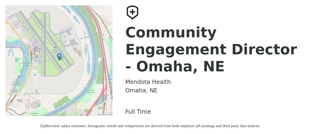 Mendota Health job posting for a Community Engagement Director - Omaha, NE in Omaha, NE with a salary of $17 to $25 Hourly with a map of Omaha location.