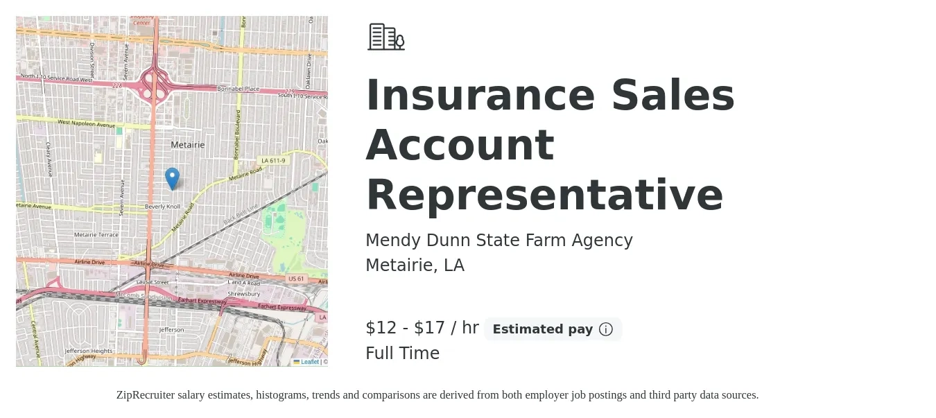 Mendy Dunn State Farm Agency job posting for a Insurance Sales Account Representative in Metairie, LA with a salary of $13 to $18 Hourly with a map of Metairie location.