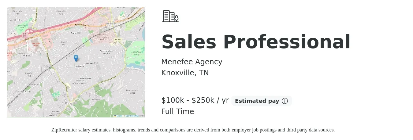 Menefee Agency job posting for a Sales Professional in Knoxville, TN with a salary of $100,000 to $250,000 Yearly with a map of Knoxville location.