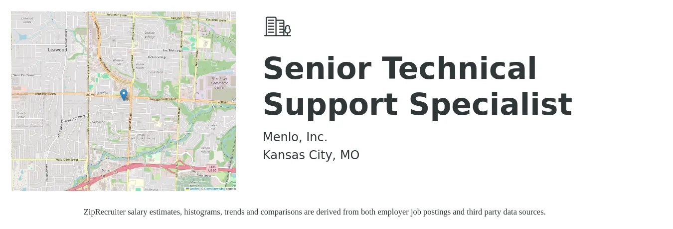 Menlo, Inc. job posting for a Senior Technical Support Specialist in Kansas City, MO with a salary of $70,000 to $80,000 Yearly with a map of Kansas City location.