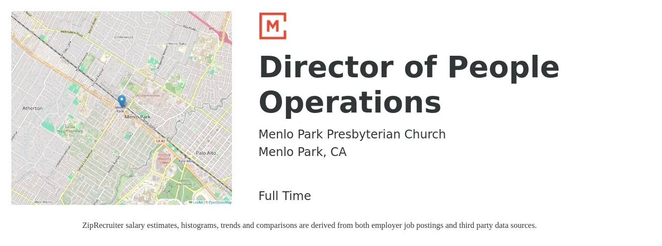 Menlo Park Presbyterian Church job posting for a Director of People Operations in Menlo Park, CA with a salary of $89,000 to $159,700 Yearly with a map of Menlo Park location.