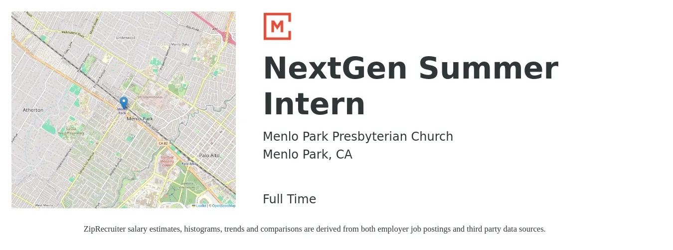 Menlo Park Presbyterian Church job posting for a NextGen Summer Intern in Menlo Park, CA with a salary of $18 to $21 Hourly with a map of Menlo Park location.