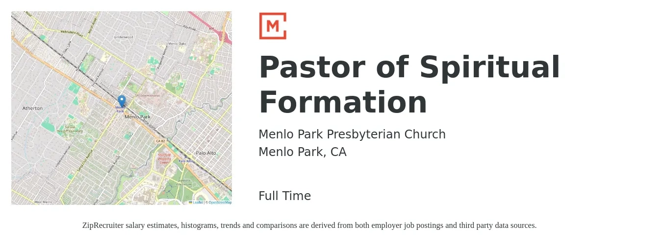 Menlo Park Presbyterian Church job posting for a Pastor of Spiritual Formation in Menlo Park, CA with a salary of $64,200 to $90,700 Yearly with a map of Menlo Park location.