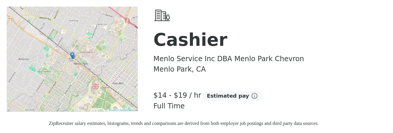 Menlo Service Inc DBA Menlo Park Chevron job posting for a Cashier in Menlo Park, CA with a salary of $15 to $20 Hourly with a map of Menlo Park location.