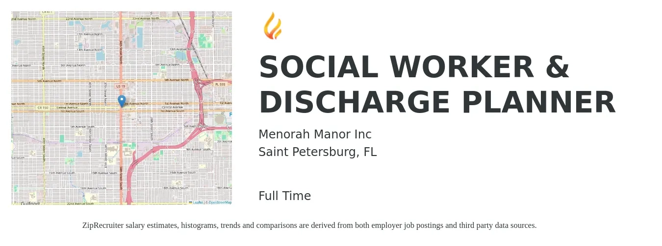 Menorah Manor Inc job posting for a SOCIAL WORKER & DISCHARGE PLANNER in Saint Petersburg, FL with a salary of $53,100 to $82,300 Yearly with a map of Saint Petersburg location.