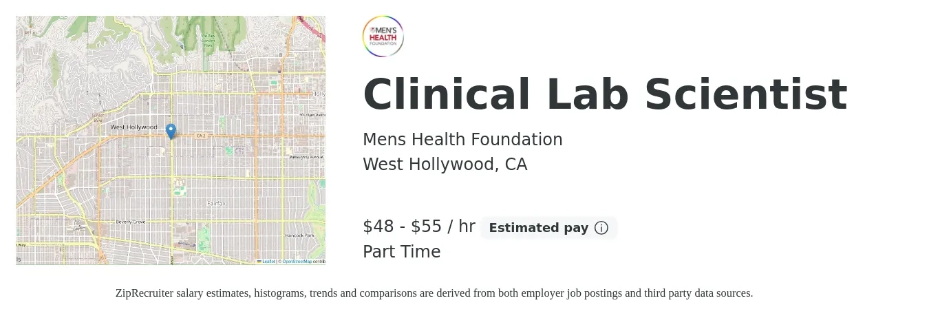 Mens Health Foundation job posting for a Clinical Lab Scientist in West Hollywood, CA with a salary of $38 to $58 Hourly with a map of West Hollywood location.