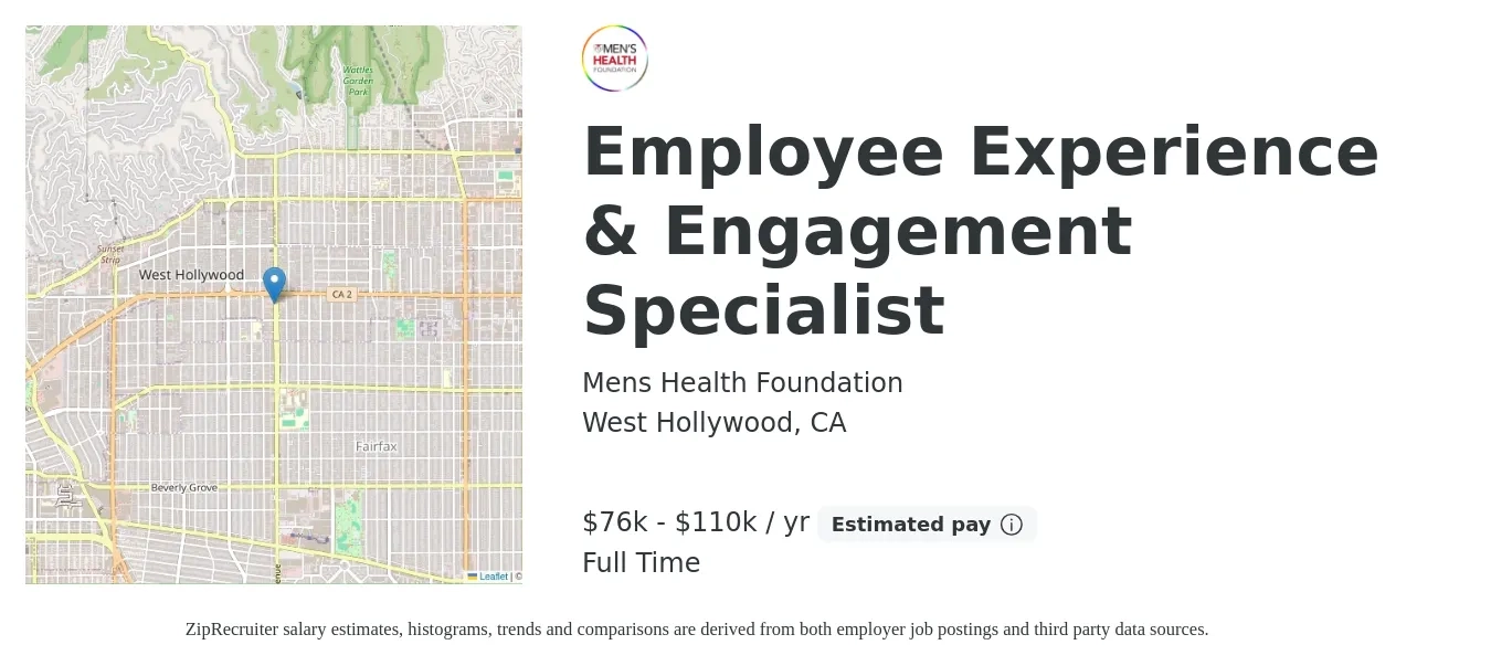 Mens Health Foundation job posting for a Employee Experience & Engagement Specialist in West Hollywood, CA with a salary of $76,000 to $110,530 Yearly with a map of West Hollywood location.