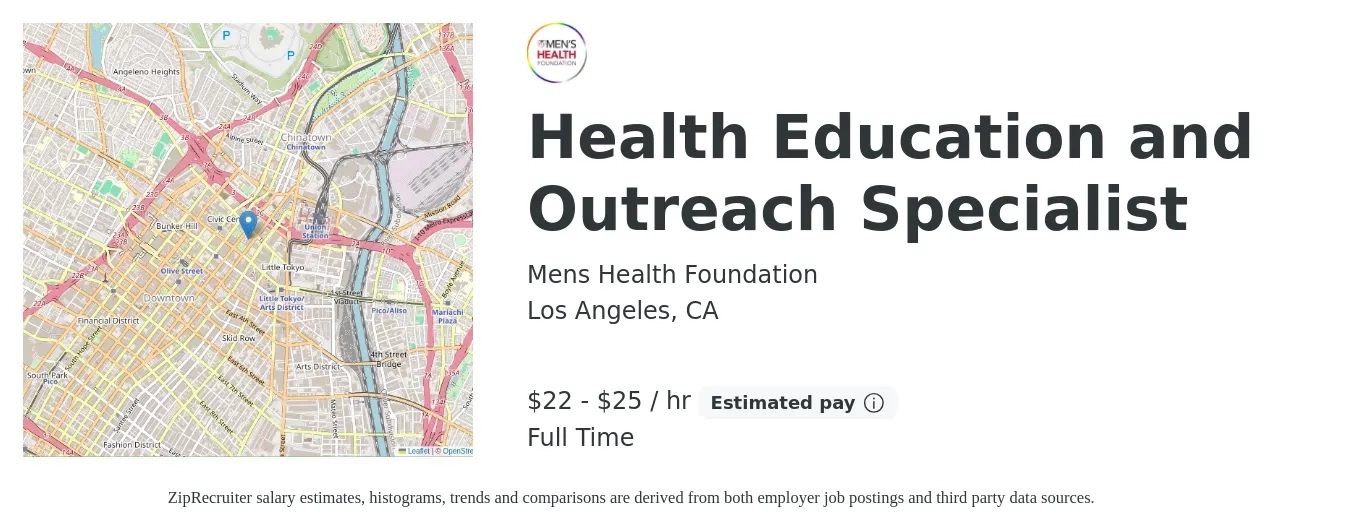 Mens Health Foundation job posting for a Health Education and Outreach Specialist in Los Angeles, CA with a salary of $23 to $26 Hourly with a map of Los Angeles location.