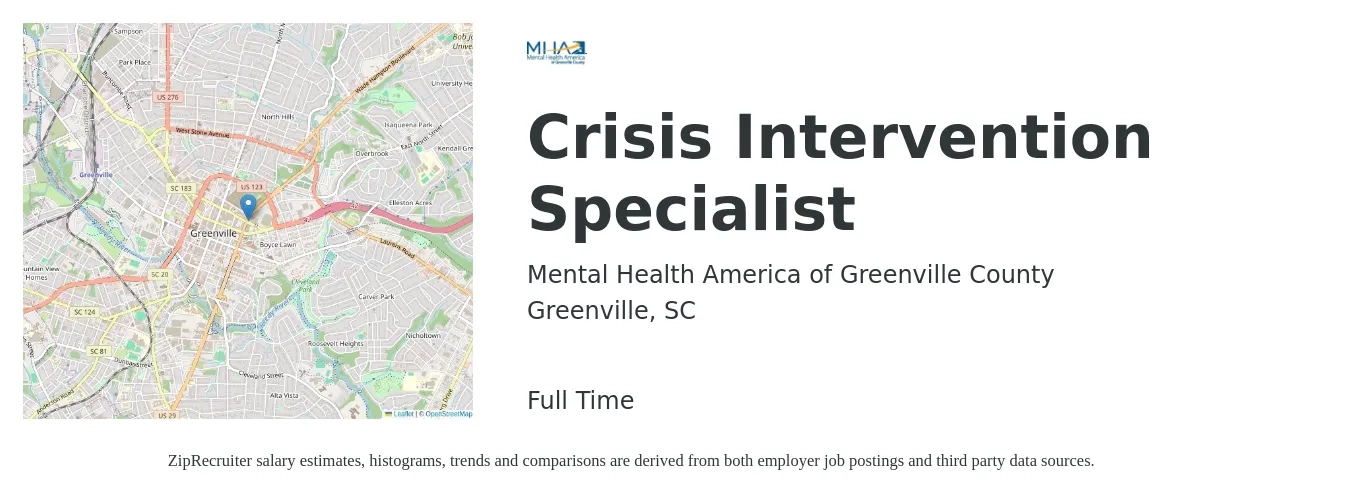 Mental Health America of Greenville County job posting for a Crisis Intervention Specialist in Greenville, SC with a salary of $20 to $28 Hourly with a map of Greenville location.