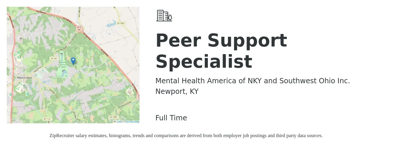 Mental Health America of NKY and Southwest Ohio Inc. job posting for a Peer Support Specialist in Newport, KY with a salary of $16 to $21 Hourly with a map of Newport location.